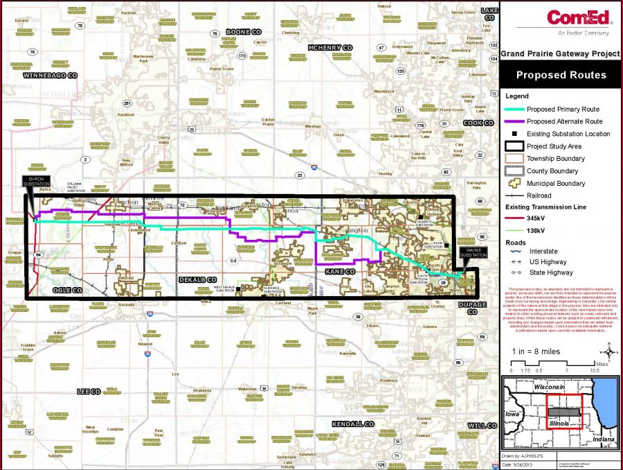 Map showing proposed routes for Grand Prairie Gateway Transmission Line