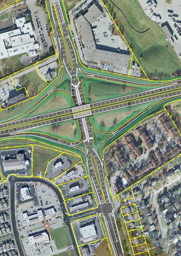 Map of Leestown Road Cross-over diamond interchange